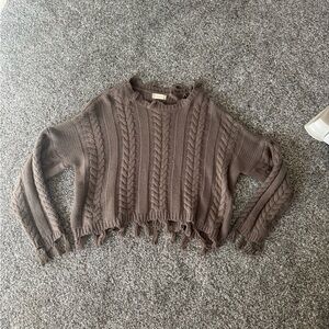 Altar'd State Cable Knit Fringe Sweater - Brown